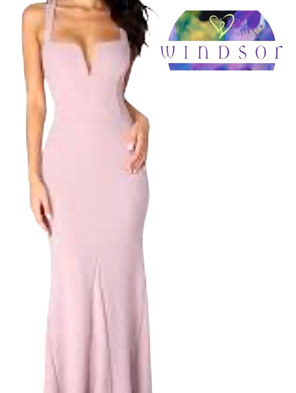 WINDSOR Emery Mauve Formal Mermaid Dress Fitted Deep V-neck Cross Back Straps SM